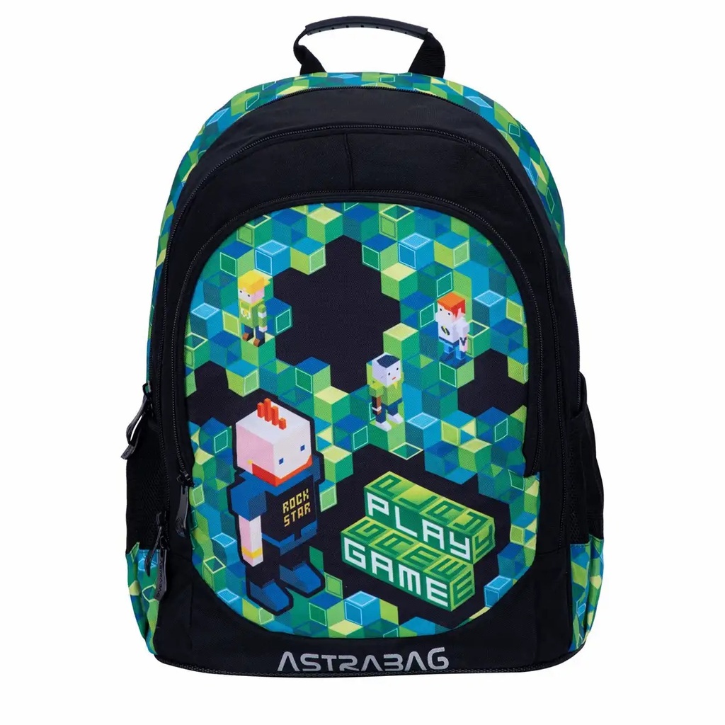 Ghiozdan scolar Astra Game, 3 compartimente, buzunare plasa, design jucaus, dimensiuni optime