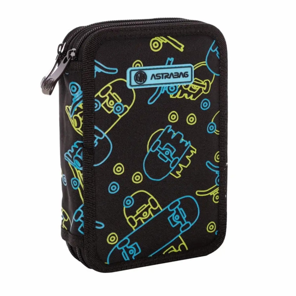 Penar scolar Astra Neon Skate, 2 compartimente, imprimeu skateboard-uri, 20,5 x 13 x 4,5 cm