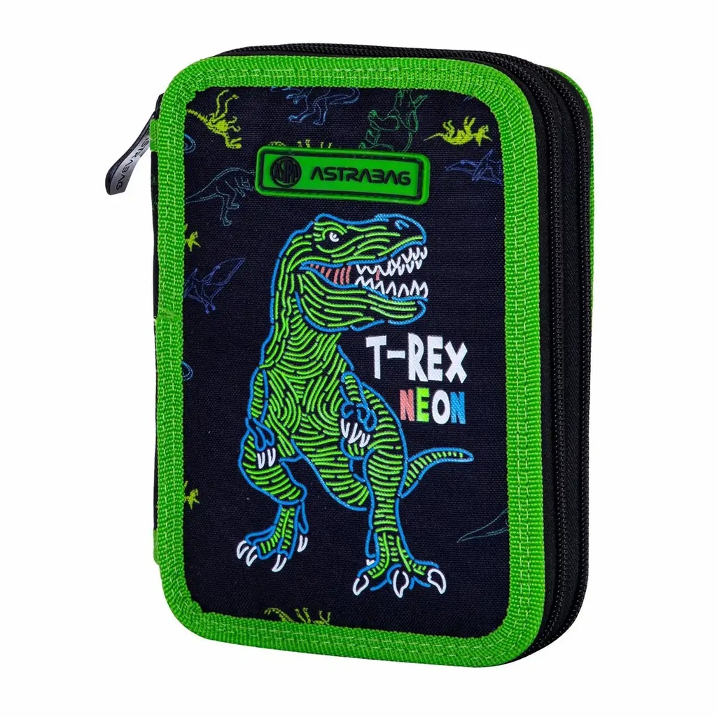 Penar scolar Astra T-Rex Neon, 2 compartimente, echipat premium, 12 creioane colorate, 12 pixuri, accesorii incluse