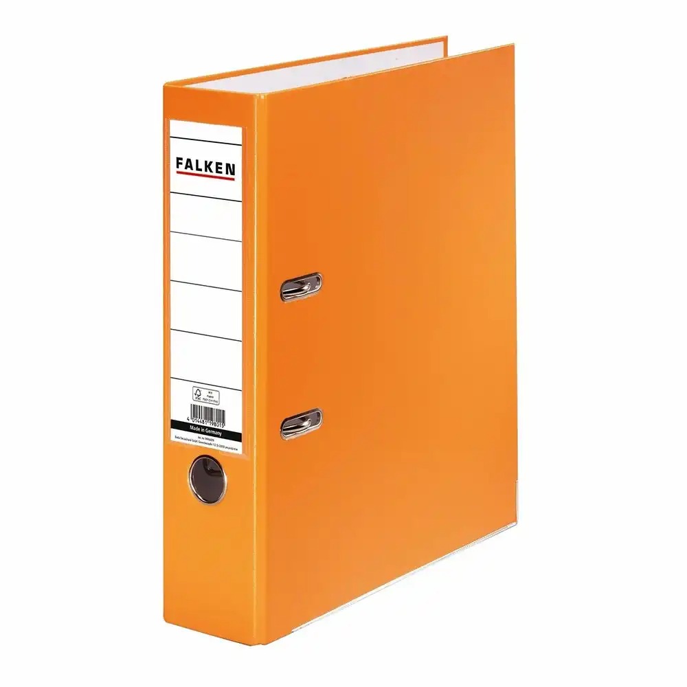 Biblioraft Falken plastifiat, 80 mm, portocaliu, rezistent si elegant, capacitate 600 coli