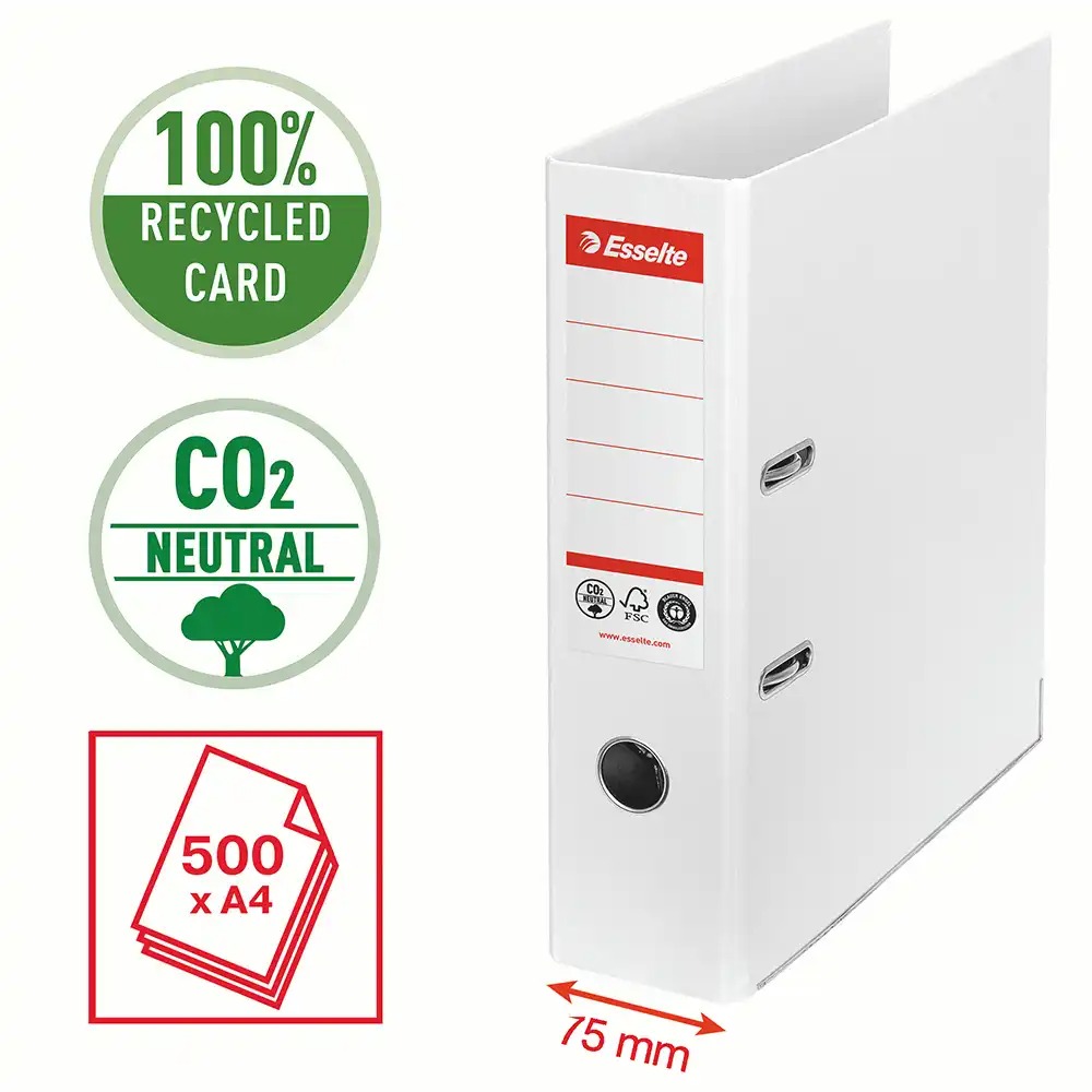Biblioraft Esselte No.1 Power Recycled, A4, 75 mm, alb, Certificat FSC, Capacitate 500 coli, Mecanism No.1, 100% carton reciclat