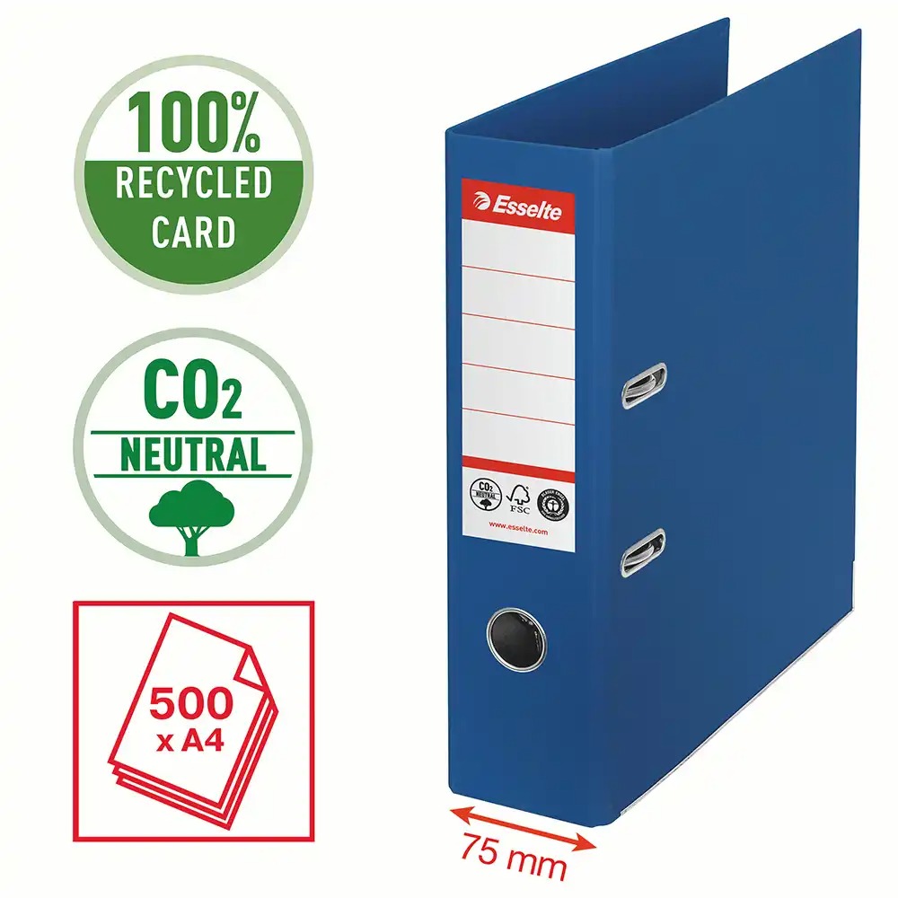Biblioraft Esselte No.1 Power Recycled, A4, 75 mm, carton reciclat, albastru, certificat FSC si Blue Angel