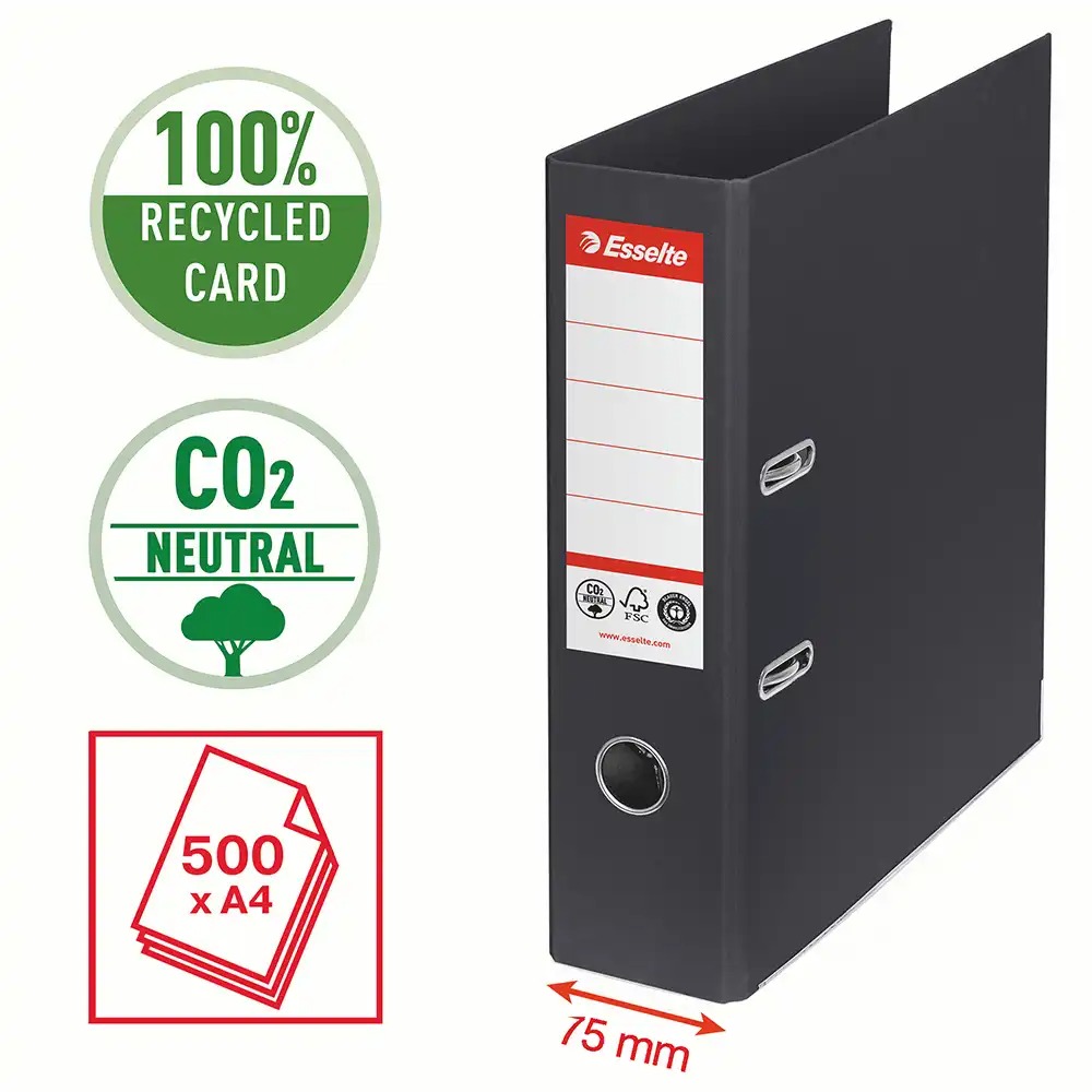 Biblioraft Esselte No.1 Power Recycled, A4, 75 mm, carton reciclat, negru, capacitate 500 coli, amprenta CO2 neutra