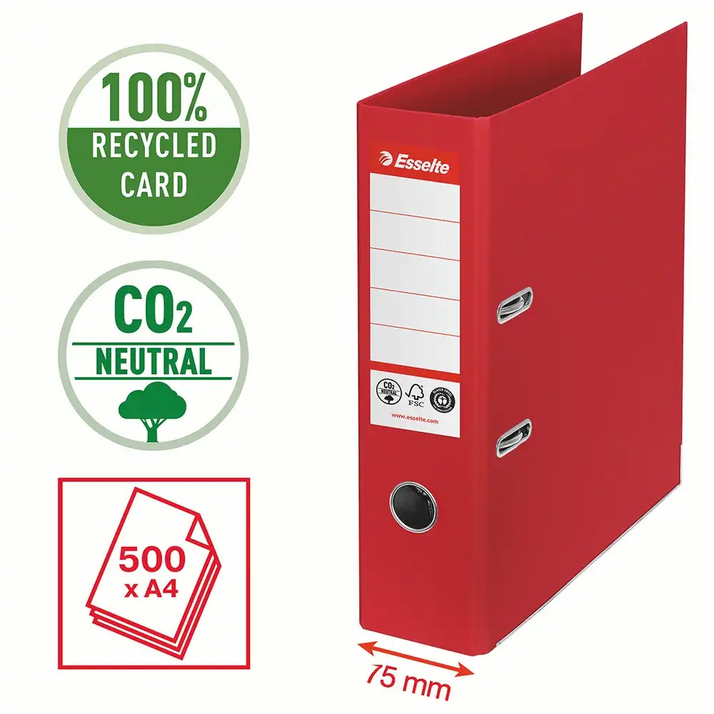 Biblioraft Esselte No.1 Power Recycled, A4, 75 mm, rosu, certificat FSC, amprenta CO2 neutra