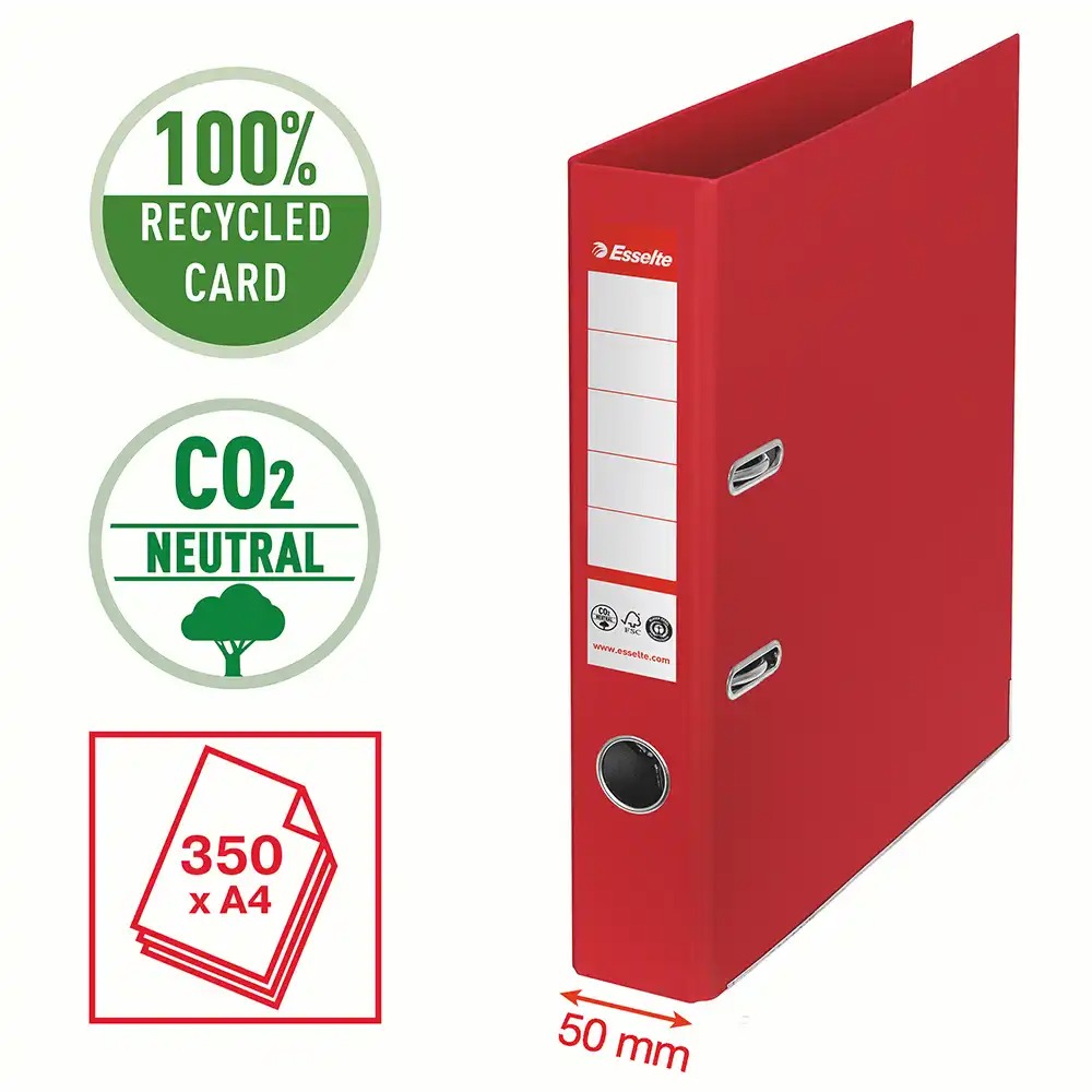 Biblioraft Esselte No.1 Power Recycled, A4, 50 mm, carton reciclat, rosu, 350 coli, mecanism No.1, certificat FSC, 3 ani garantie