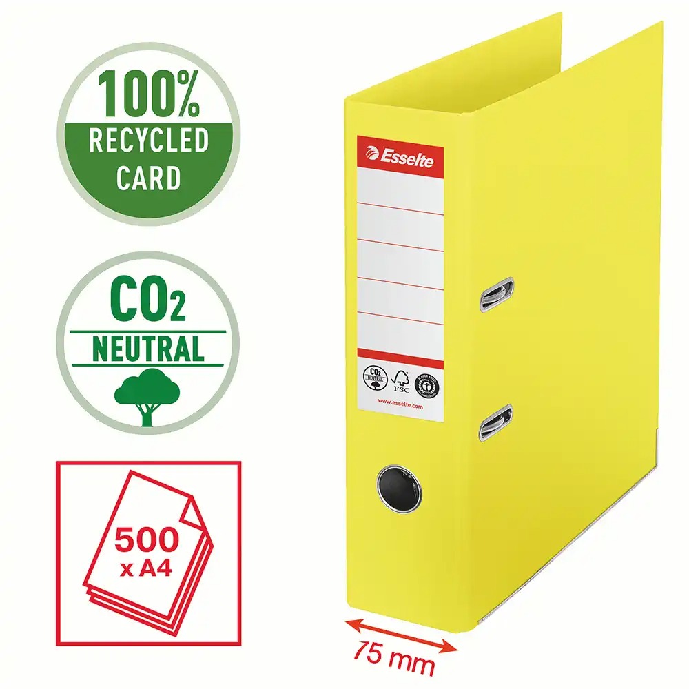 Biblioraft Esselte No.1 Power Recycled, A4, 75 mm, galben, Certificat FSC, Capacitate 500 coli, Garantie 3 ani