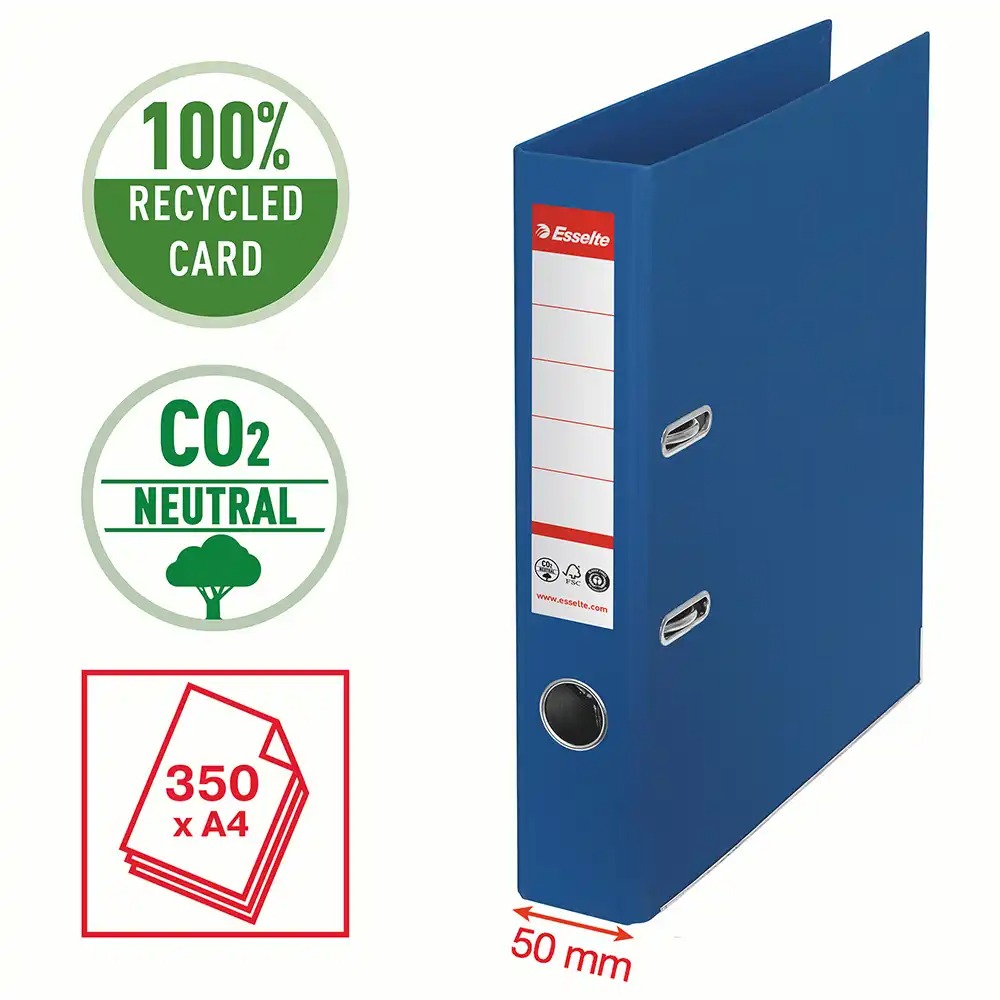 Biblioraft Esselte No.1 Power Recycled, A4, 50 mm, carton reciclat, albastru, certificat FSC, mecanism No.1 robust, capacitate 350 coli, 3 ani...