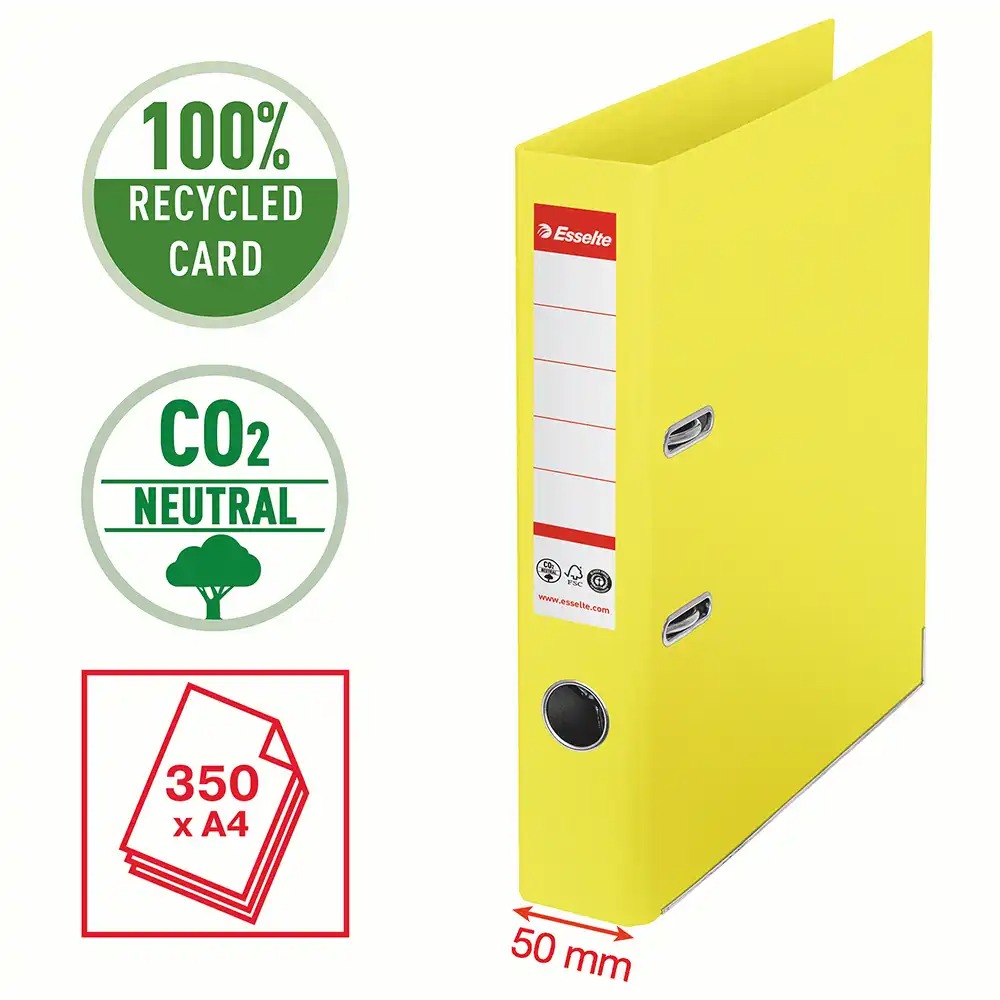 Biblioraft Esselte No.1 Power Recycled, A4, 50 mm, galben, carton reciclat, certificat FSC si Blue Angel, 350 coli, mecanism No.1 robust, garantie 3...