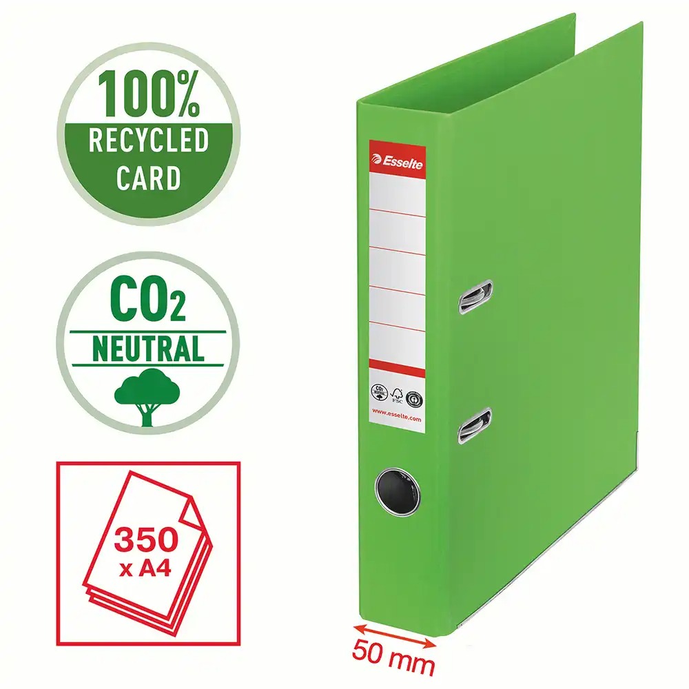 Biblioraft Esselte No.1 Power Recycled, A4, 50 mm, Verde, Carton Reciclat, Certificat FSC, Capacitate 350 coli