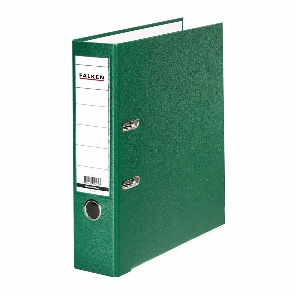 Biblioraft Falken plastifiat 80 mm verde, rezistent, capacitate 600 coli, mecanism metalic, buzunar plastic