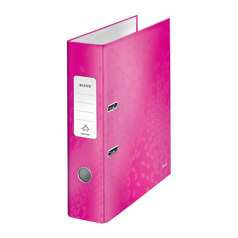 Biblioraft Leitz 180° WOW, Carton Laminat, A4, 80 mm, Roz, Mecanism 180°, Capacitate 600 coli, Garantie 5 ani