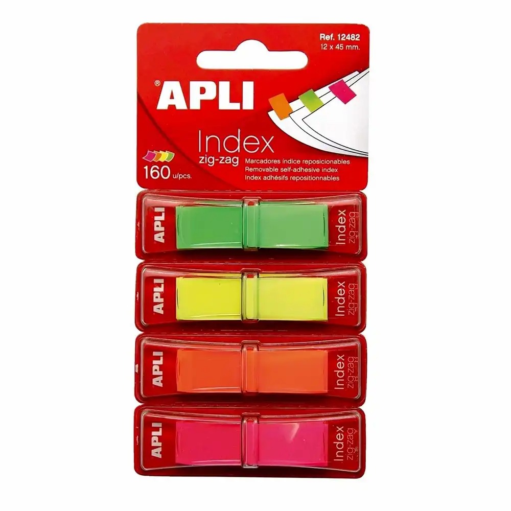 Index Apli ,autoadeziv zig-zag, 12 x 45 mm, 4 culori fluorescente (rosu, galben, verde, albastru)