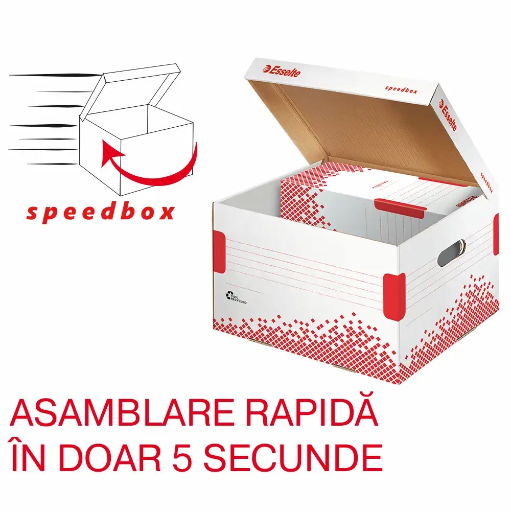 Container de arhivare Esselte Speedbox cu capac L, asamblare automata, carton reciclat, capacitate generoasa