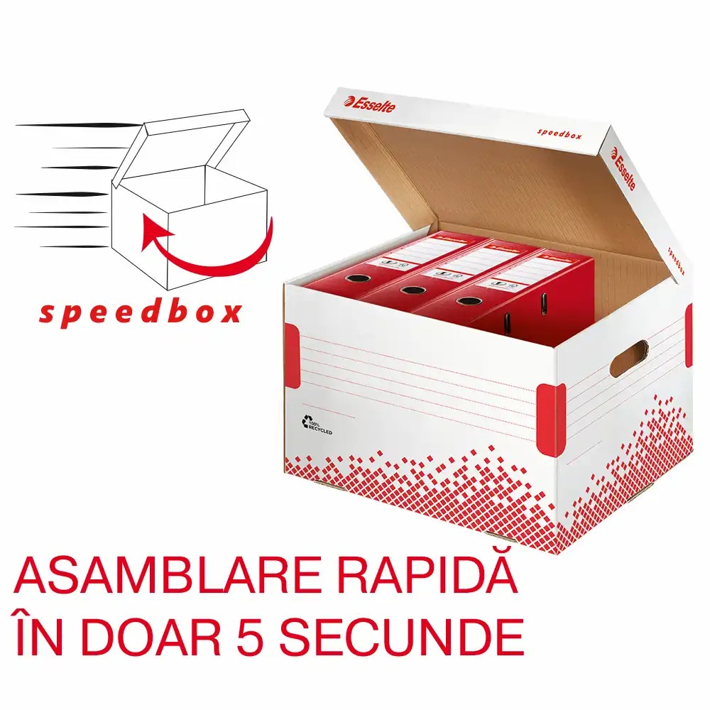 Container de arhivare Esselte Speedbox pentru bibliorafturi, asamblare automata, capacitate mare, carton reciclat