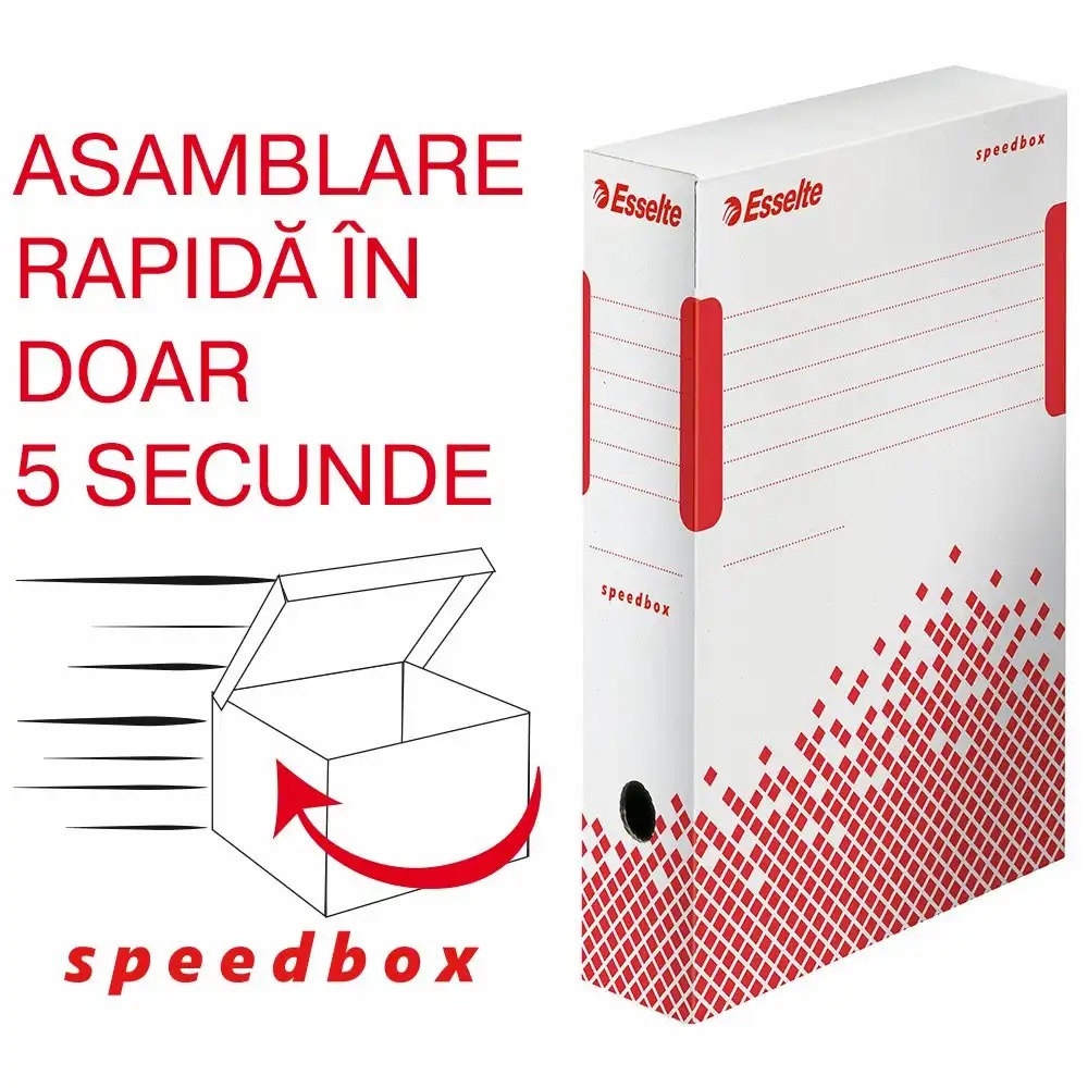 Cutie arhivare Esselte Speedbox 80 mm, asamblare automata, capac dublu, 100% reciclabil