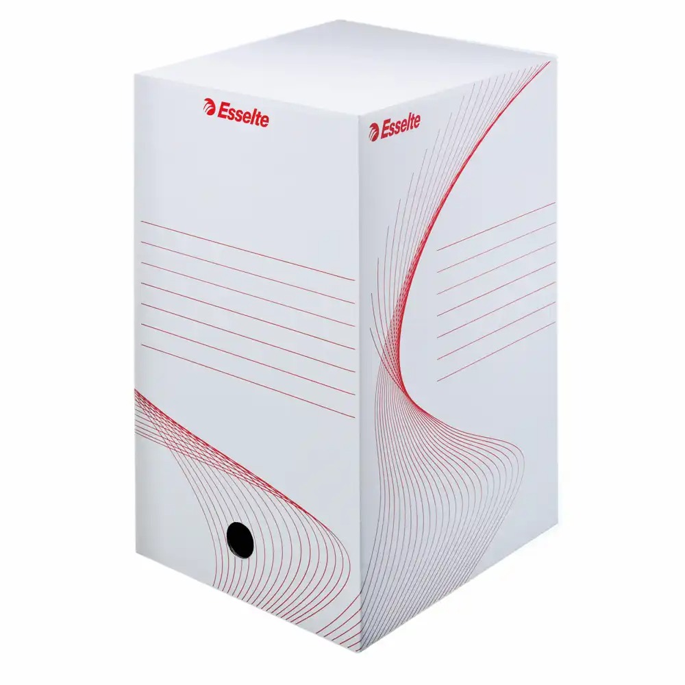 Cutie de arhivare Esselte Standard, 15 cm, spatiu generos pentru documente, perforatie pentru acces usor, alb profesionist