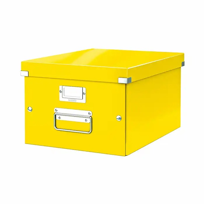 Cutie depozitare Leitz WOW Click & Store, carton laminat, medie, galben, manere metalice, dimensiuni 281x200x370 mm
