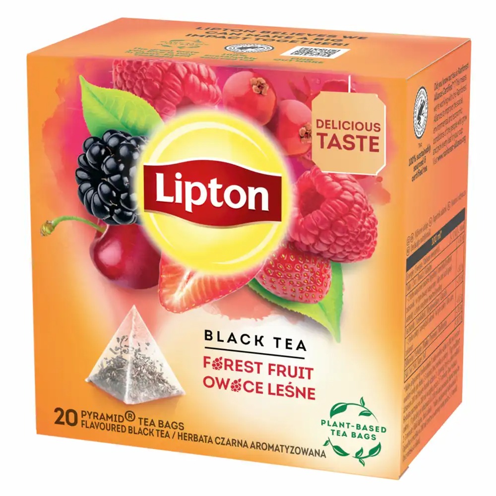 Ceai Lipton Forest Fruit, Negru, Aroma Naturala de Fructe de Padure, 20 Plicuri Tip Piramida/Cutie