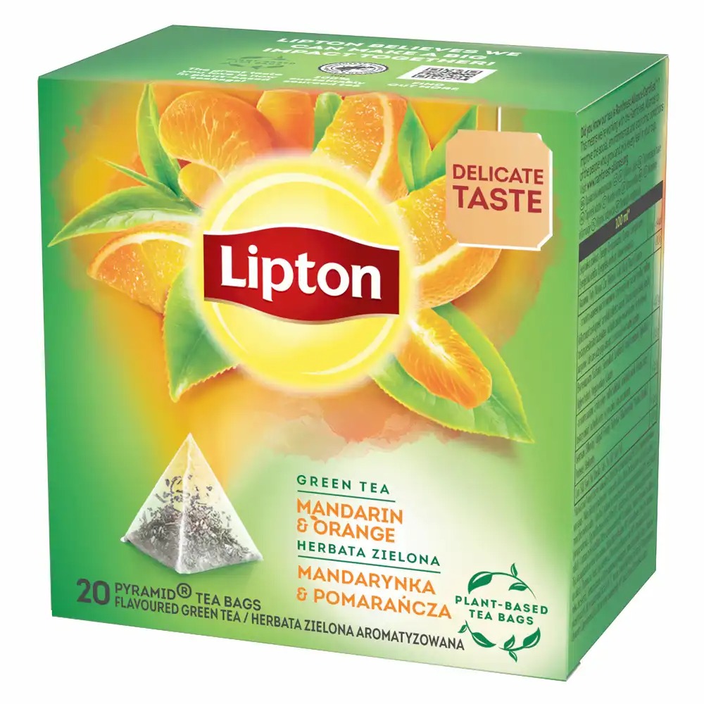 Ceai verde Lipton cu mandarine si portocale, 20 plicuri, arome vibrante si revigorante