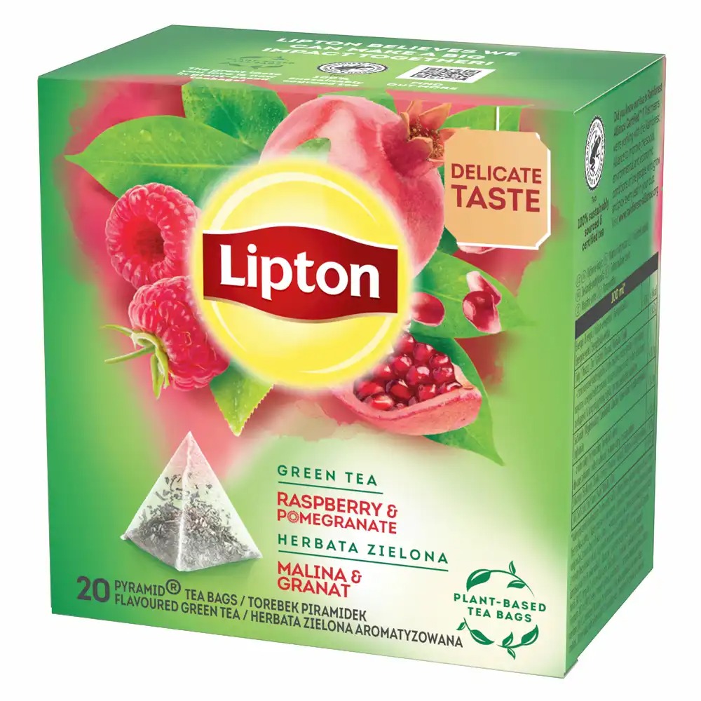 Ceai verde Lipton cu arome de zmeura si rodie, 20 plicuri/cutie, experienta gustativa revigoranta