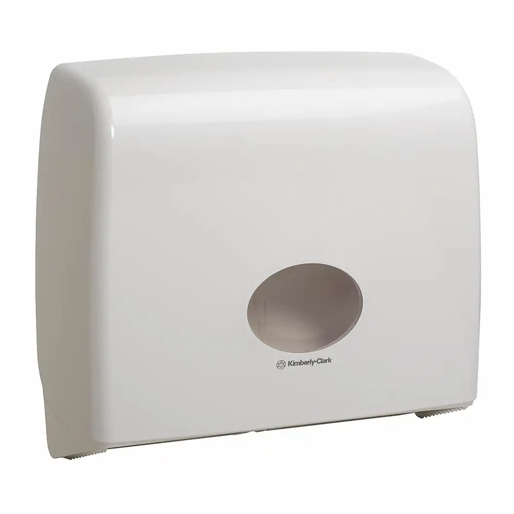 Dispenser Kimberly Clark Aquarius alb pentru hartie igienica, midi/jumbo, design elegant, economisire resurse, margini rotunjite