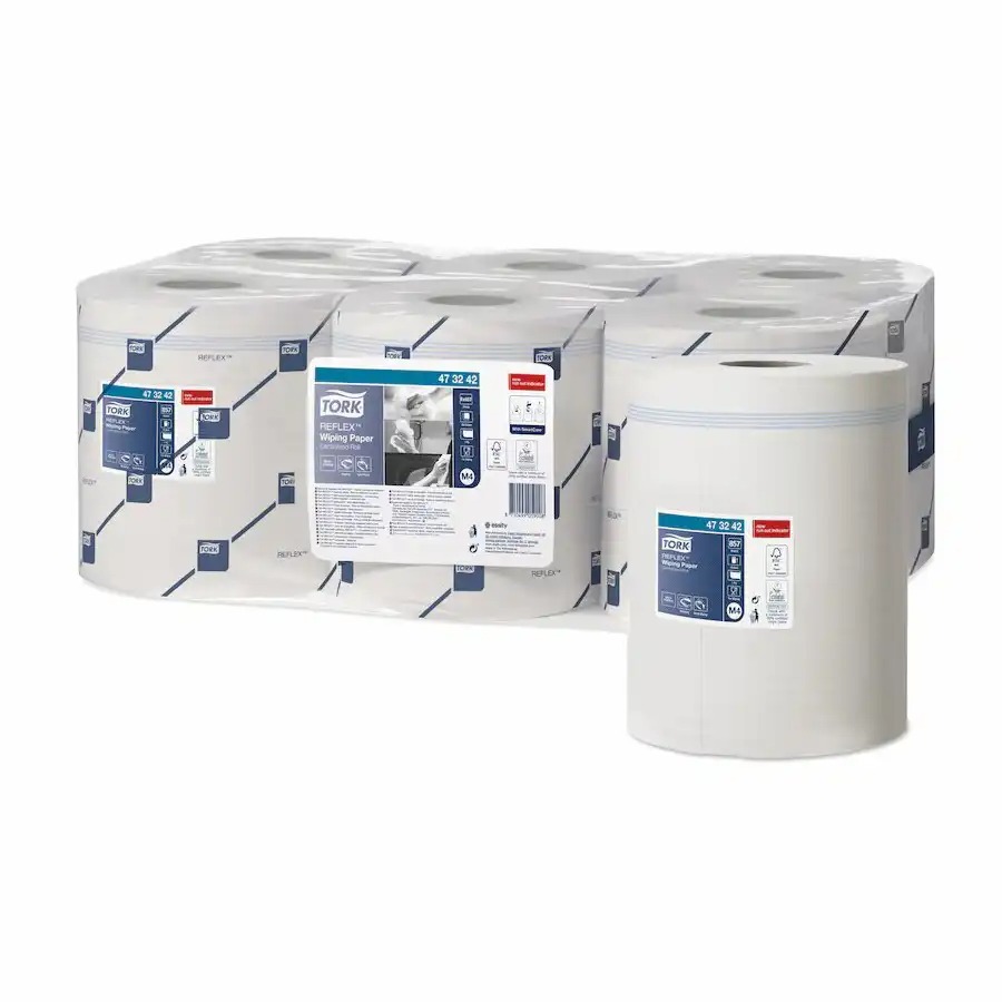 Rola prosop alba Tork Reflex, 1 strat, 857 portii, 300 m - Economisire 37%, Absorbtie Ridicata, Dozare Portie cu Portie
