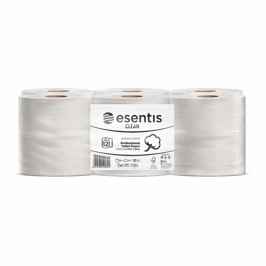 Hartie igienica Esentis Clean Mini Jumbo, alb, 2 straturi, economica, 12 role/ set