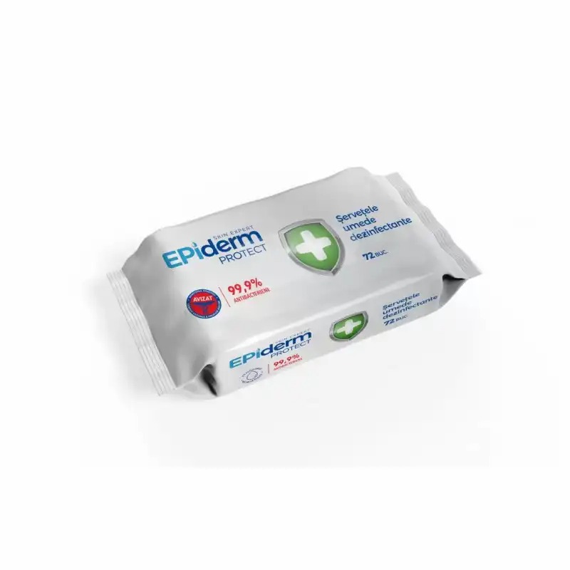 Servetele umede dezinfectante Epiderm 72 buc, curatare eficienta, formula EPIderm Protect, testate bactericid, conform reglementarilor BPR