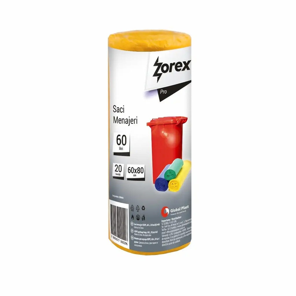 Saci menajeri transparenti Zorex Pro 60L, HDPE, 20 bucati/rola, rezistenti si economici