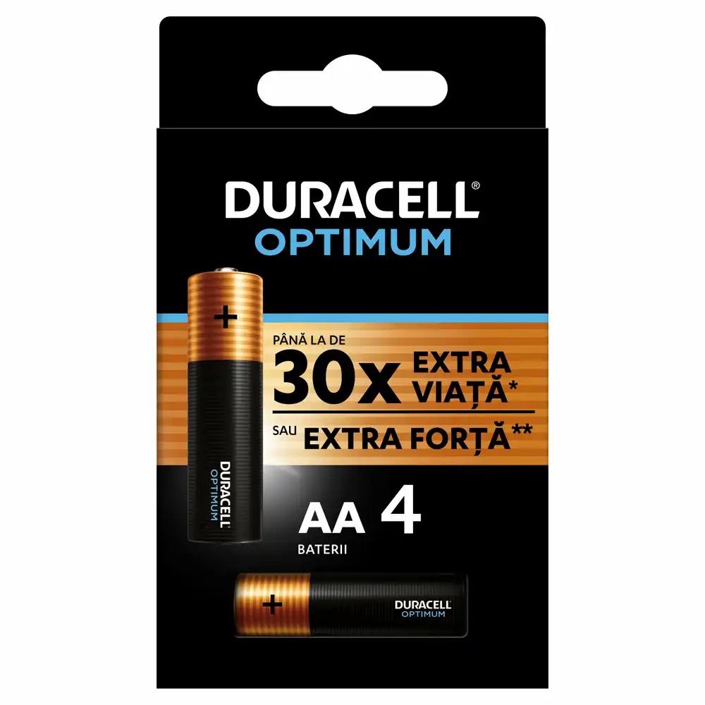 Baterii DURACELL R6 Optimum AA, 4 buc, Formula Unica, Performanta Imbunatatita, Ambalaj Reciclabil