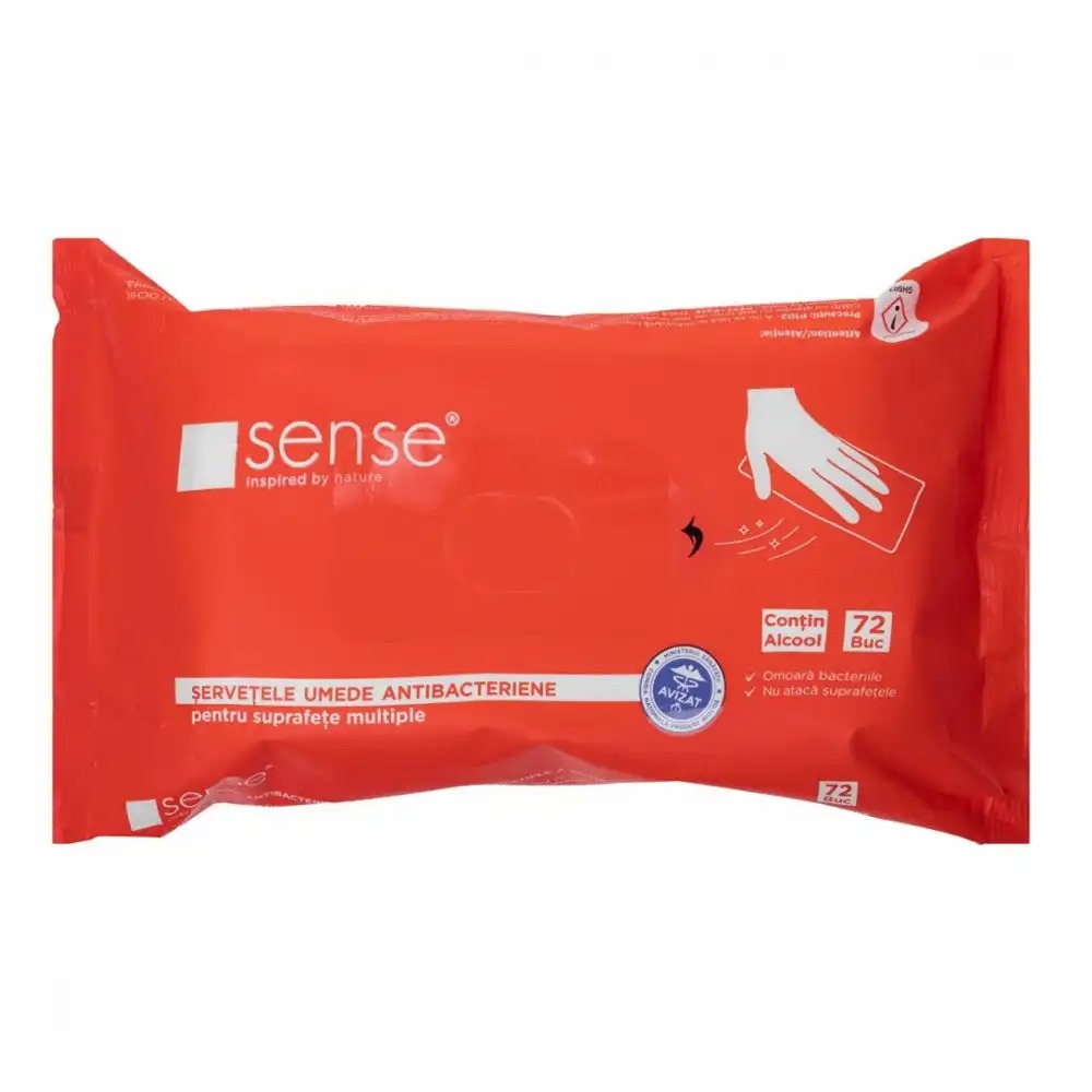 Servetele umede dezinfectante Sense, 72 buc, actiune rapida antibacteriana conform EN1500:2013