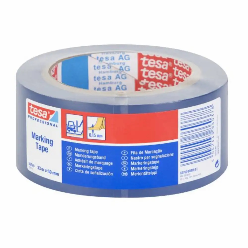 Banda adeziva de marcare Tesa, albastra, 50 mm x 33 m, rezistenta la substante chimice, dublura groasa din vinil