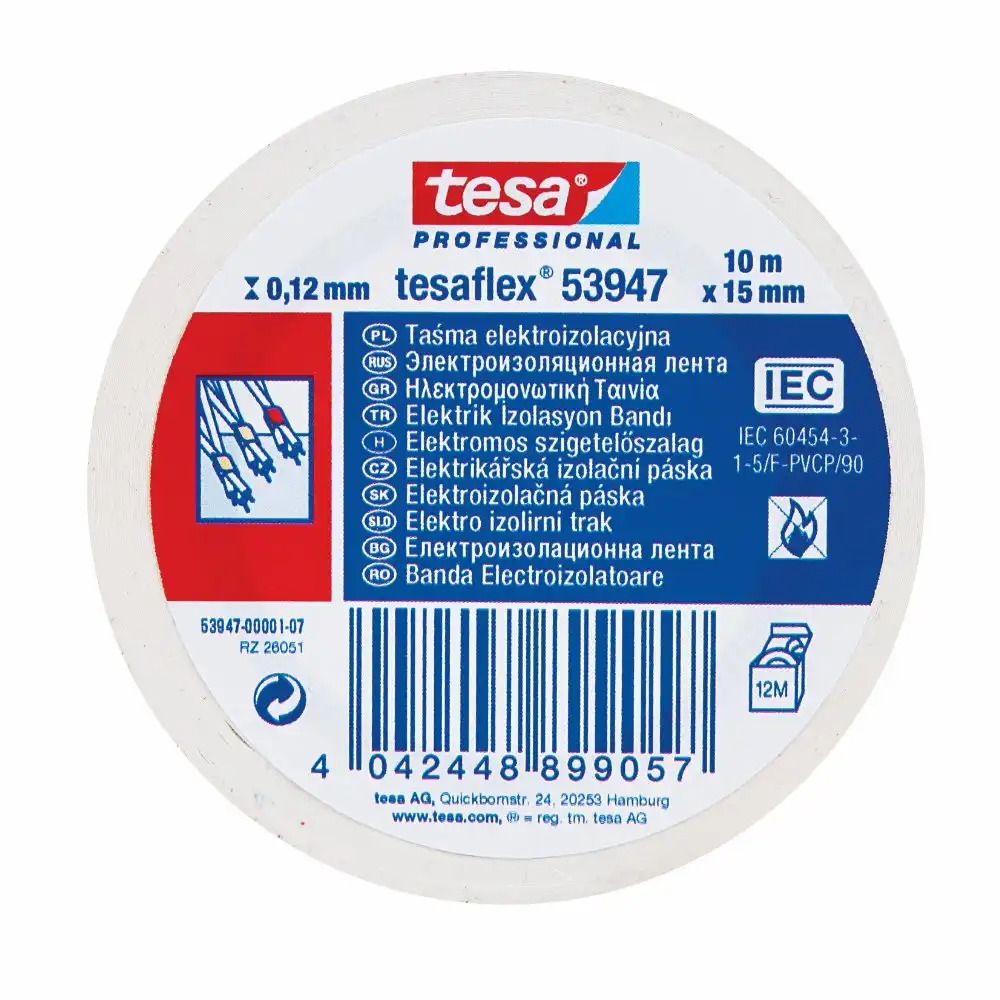 Banda electroizolatoare Tesa 19 mm x 20 m, alba, izolatie electrica 6.000V, ignifuga, conform normei IEC 454-3-1