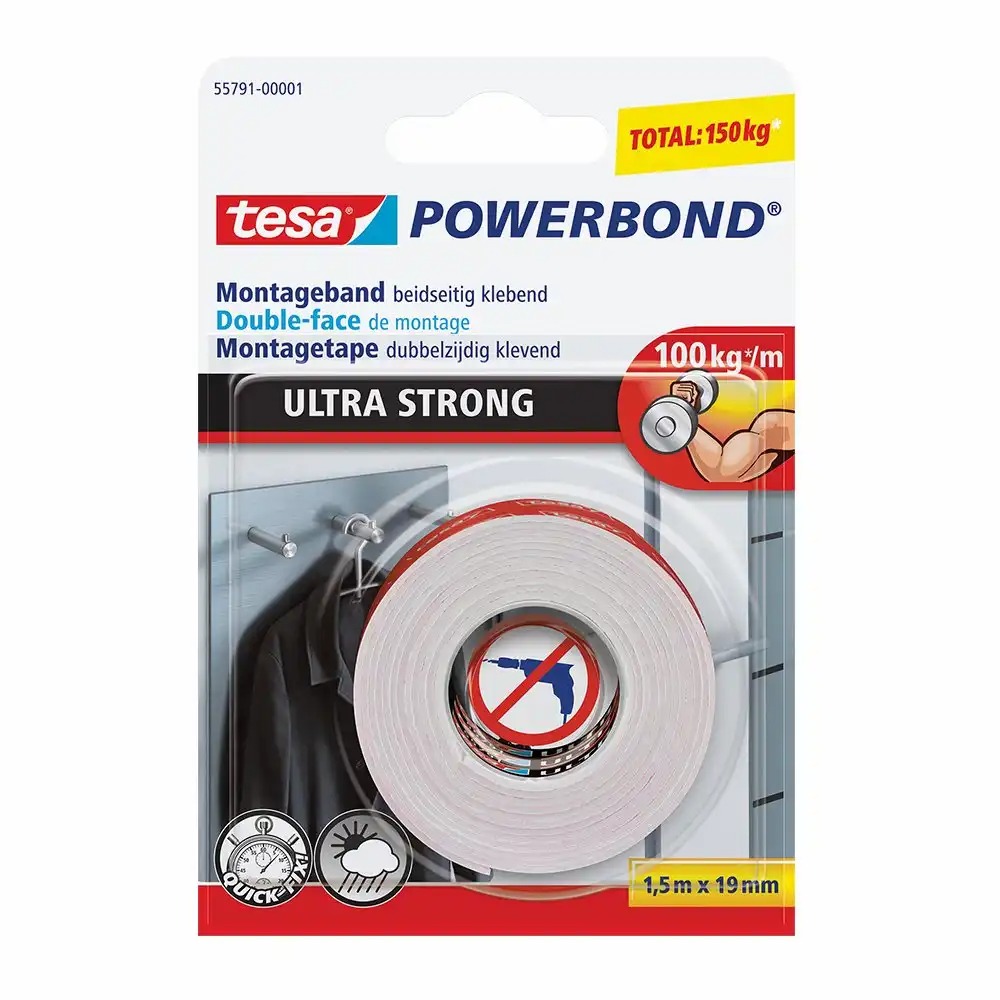 Banda dublu adeziva de montaj Tesa 19 mm x 1.5 m, Fixare Ultrarapida si Durabila, Suporta 10 kg pe 10 cm, Utilizare Interior si Exterior