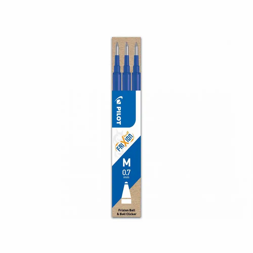 Set 3 rezerve roller gel Pilot Frixion Ball 0.7 mm, albastru, reincarcabile, termosensibile