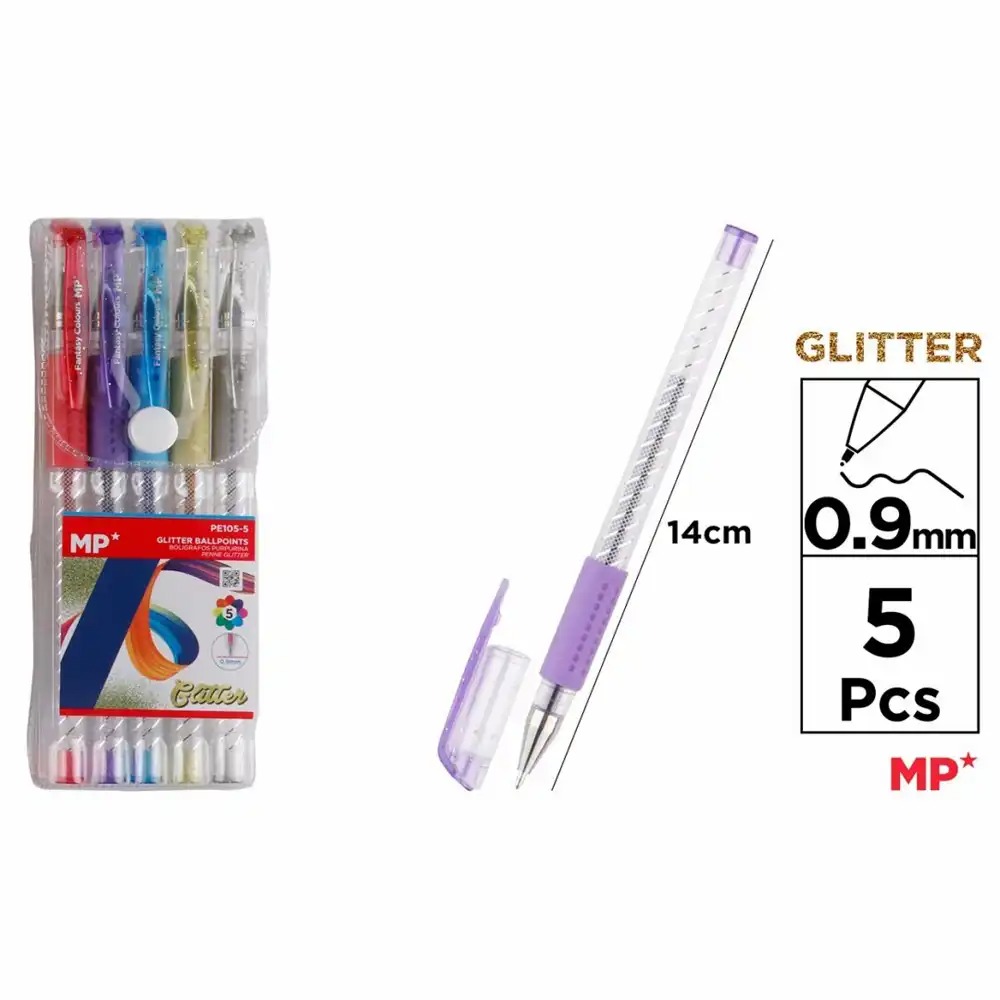 Set 5 rollere cu gel Main Paper, Varf 0.9 mm, Culori Glitter - Scriere Fluenta si Stralucire in Notite