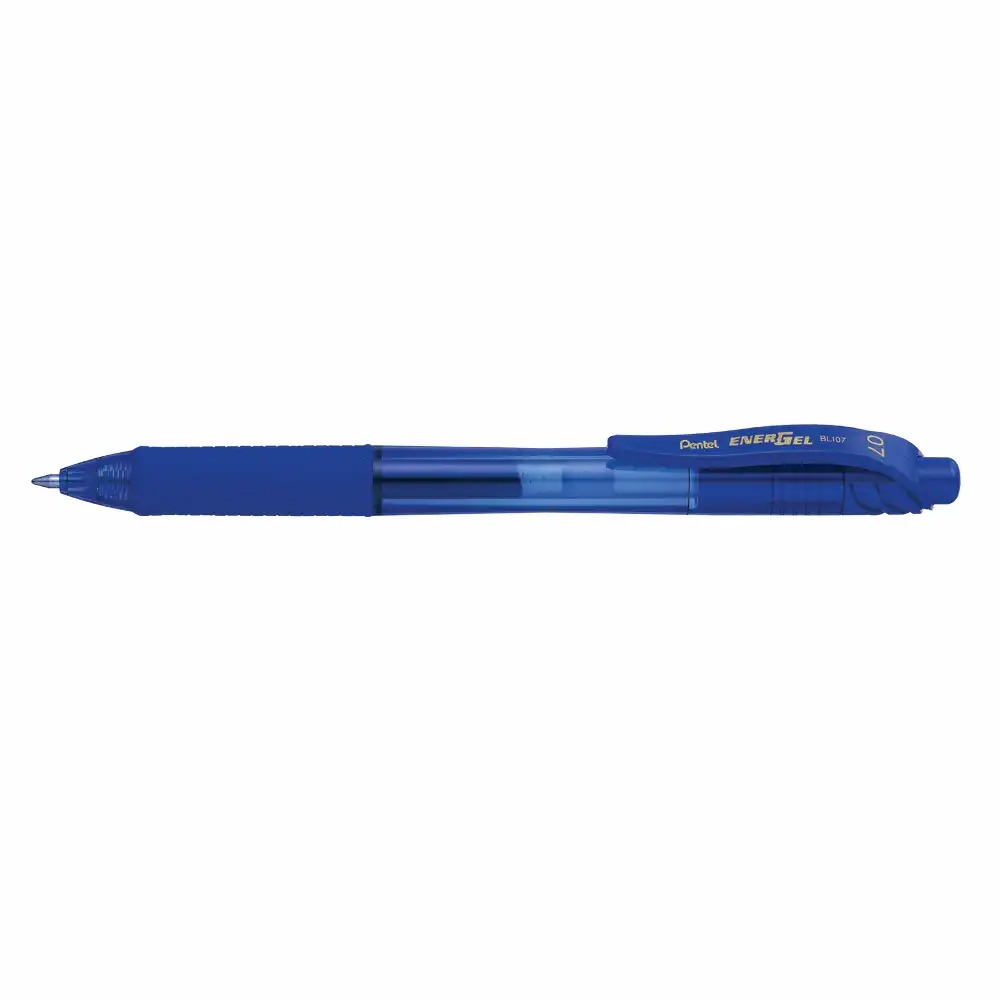 Roller cu gel Pentel Energel X, 0.7 mm, corp plastic albastru, grip cauciucat, scriere curata, clip de prindere, confortabil