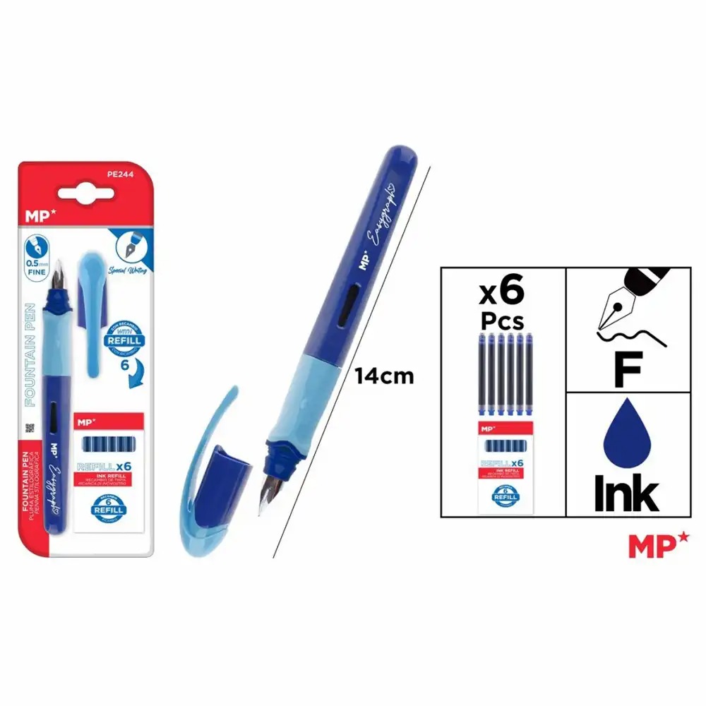 Set stilou albastru Main Paper, varf F 0.5mm, 6 rezerve cerneala, ambalat in blister