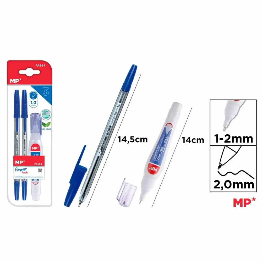 Set 2 pixuri albastre Main Paper, varf 1 mm, creion corector 4 ml, ideal pentru scriere si corectare