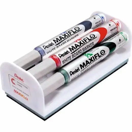 Set 4 markere Maxiflo pentru tabla, sistem inovator de alimentare, culori asortate + burete magnetic