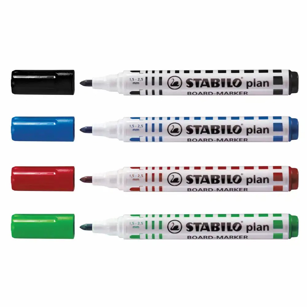 Set 4 Markere Stabilo Plan 64, Varf Rotund 2.5-3.5mm, Reincarcabile, Culori Negru, Rosu, Albastru, Verde