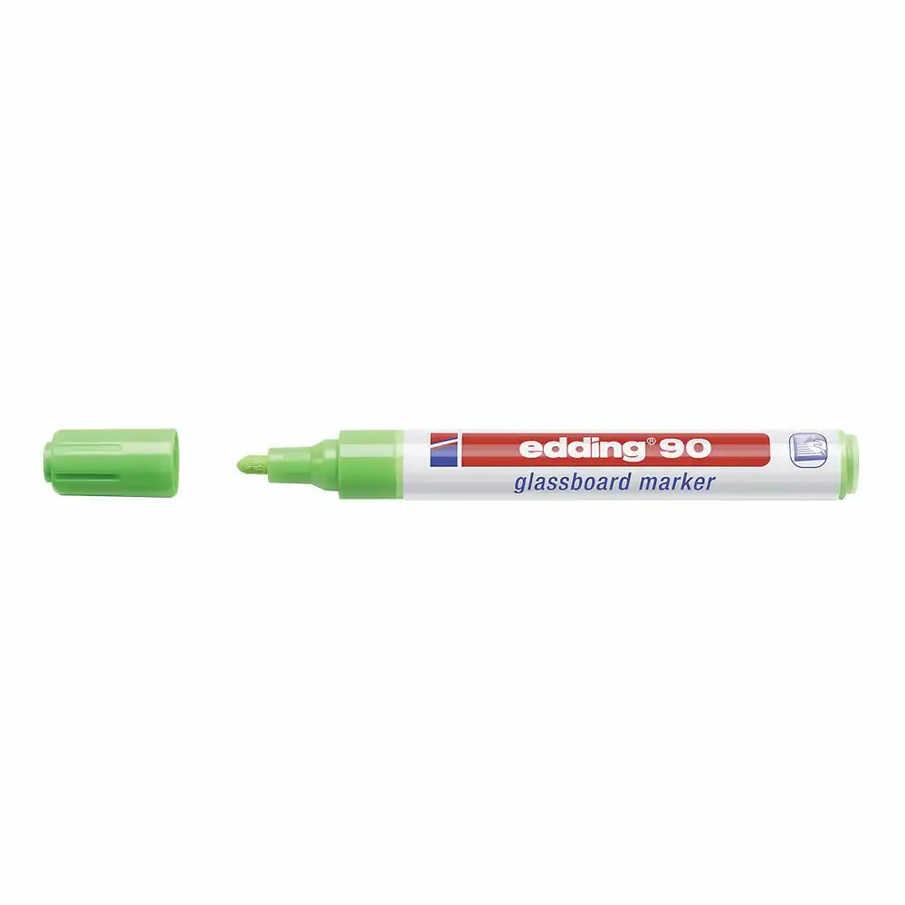 Marker Edding 90 pentru sticla, varf 2-3 mm, verde deschis, scriere vibranta si usor de sters