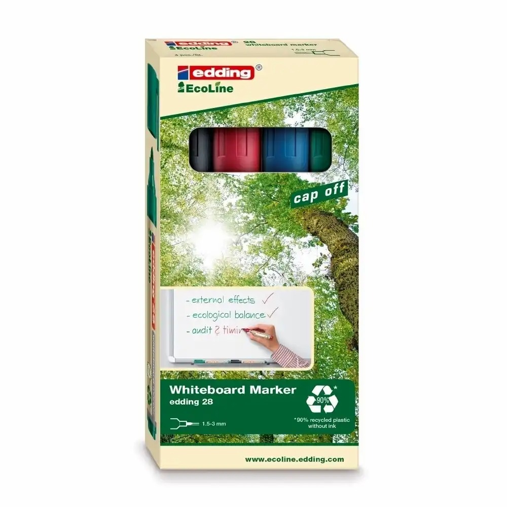 Set 4 Markere Edding 28 Ecologice, Varf Rotund 1.5-3 mm, Reciclate, Culori: Negru, Rosu, Albastru, Verde