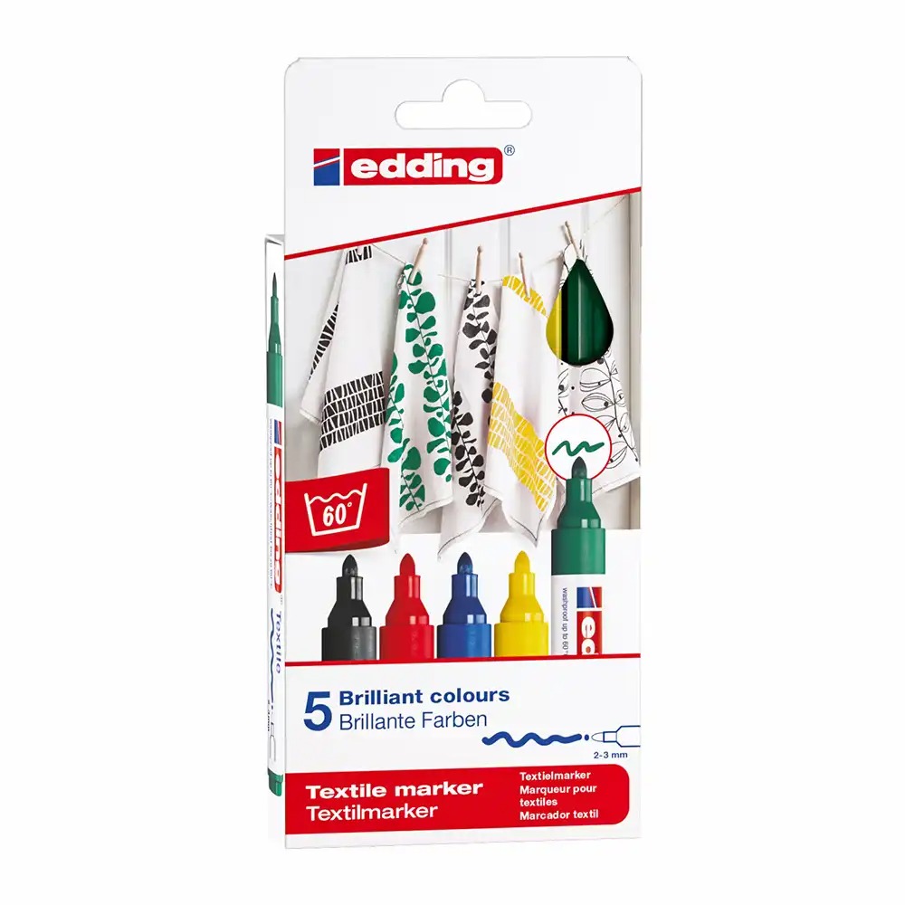 Set 5 markere textile Edding 4500, varf 2-3 mm, culori basic, rezistente la spalare