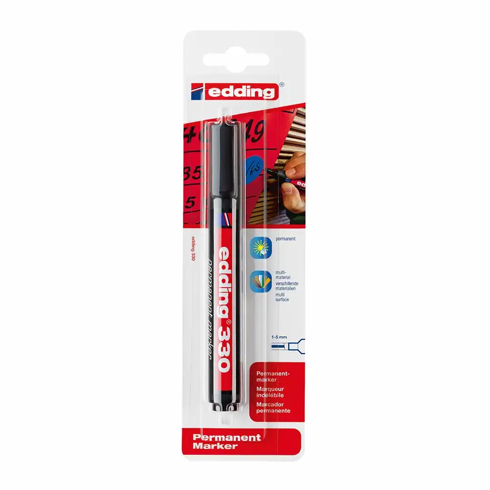Marker permanent Edding 330, varf retezat 1-5 mm, negru, reincarcabil, cerneala fara solventi, clip de prindere, blister