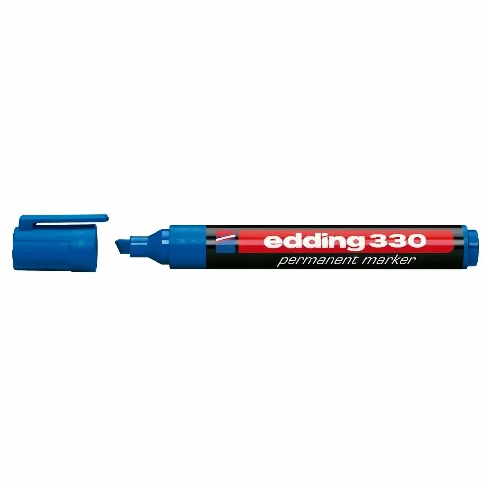 Marker permanent Edding 330, corp plastic, varf retezat ajustabil 1-5 mm, albastru, reincarcabil, cerneala sigura, clip de prindere