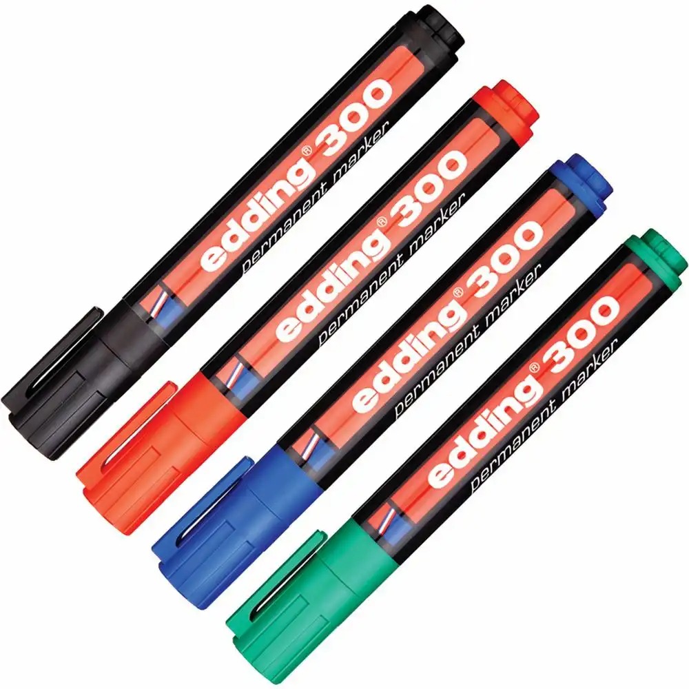 Set 4 markere permanente Edding 300, corp plastic, varf rotund 1.5 - 3 mm, negru, rosu, albastru, verde