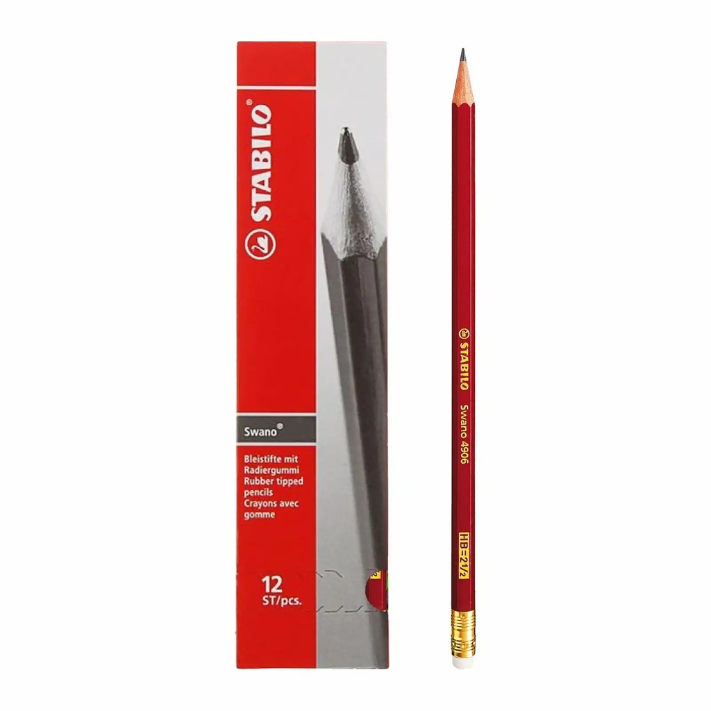 Creion grafit Stabilo Swano 4906 HB, Corp Rosu, cu Radiera, Ascutit - Scriere si Desen de Calitate
