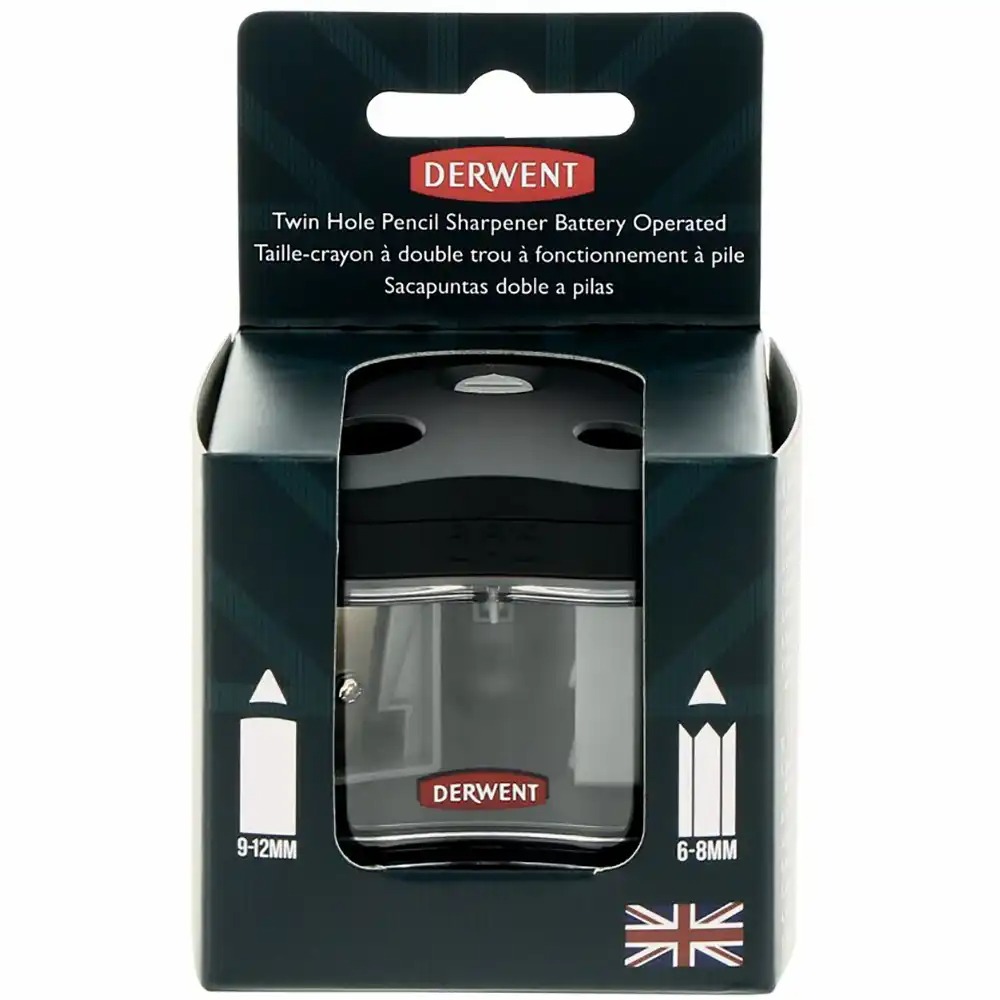 Ascutitoare electrica DERWENT Professional dubla, pentru creioane de 6-12 mm, lame de inalta calitate, transparenta, functioneaza cu baterii