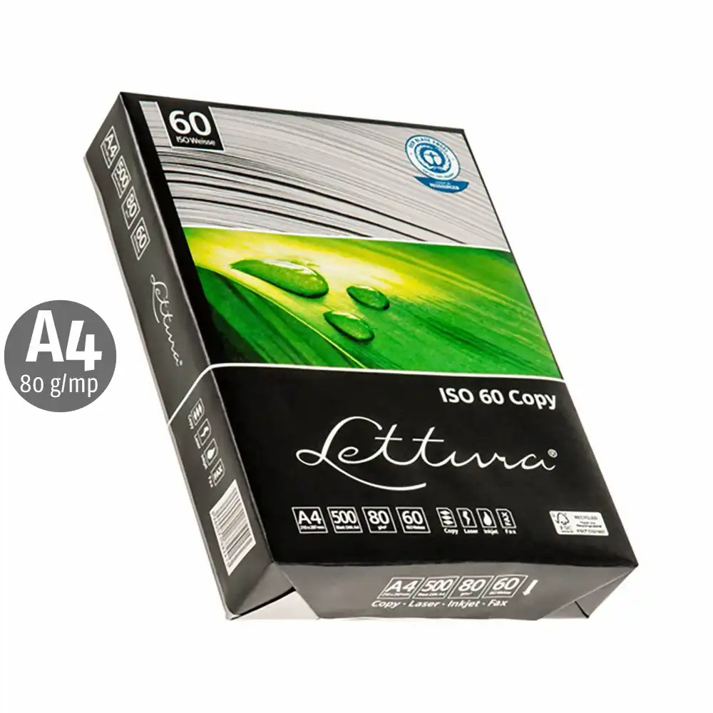Hartie copiator reciclata Lettura A4 80g 500 coli/top, 5 topuri/cutie - Premiata Blue Angel, sustenabilitate si calitate superioara